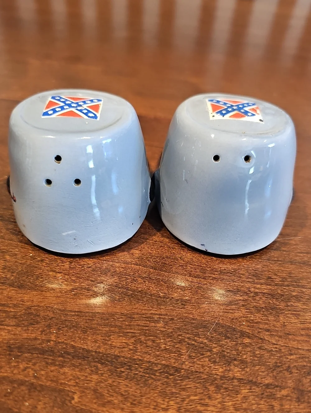 Vintage Light Blue Ceramic Salt and Pepper Shaker Set with Emblem